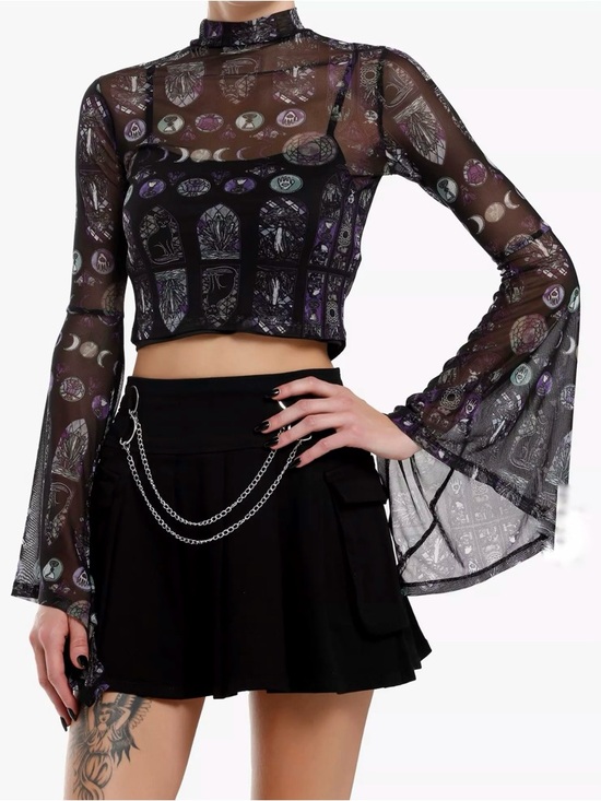 Hot Topic Tops - Cosmic Aura Stained Glass Sheer Mock Neck Top Black Cami Cathedral Moon Phases